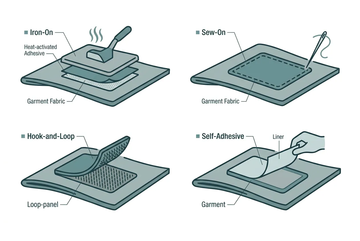 Diagram: four patch attachment methods - iron-on, sew-on, hook-and-loop and self-adhesive